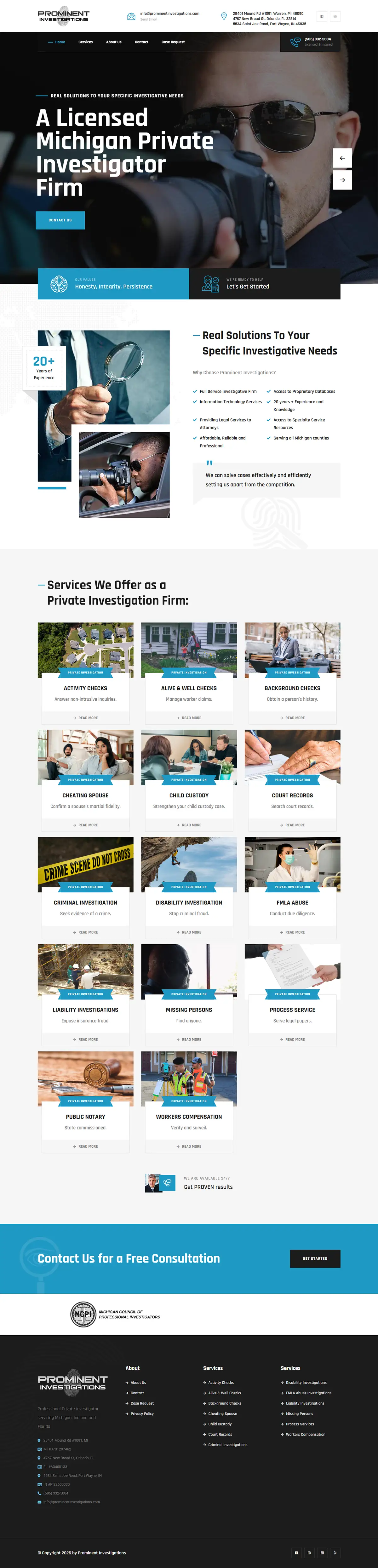 Full-page view of the Prominent Investigations website
